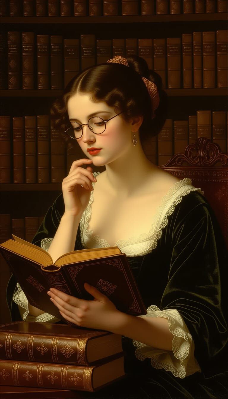 Woman Reading by Amber Light, in Watercolor Style