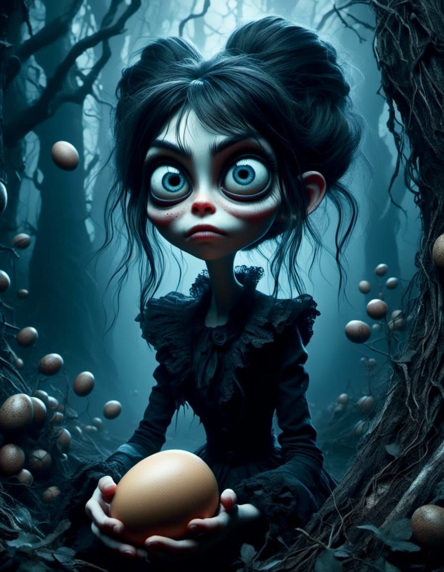 Goth Girl Kisses Angry Egg in Dark Fantasy Art