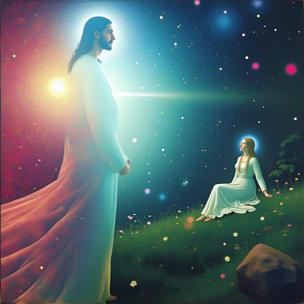 Jesus and Mary Magdalene in Pointillism Glitchcore Style