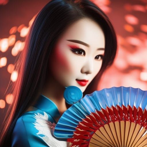 Luminous Dragon Girl with Fan, Fantasy Art