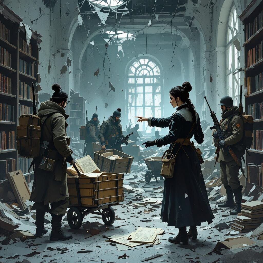 Scavengers Salvage Books in Ruined Library