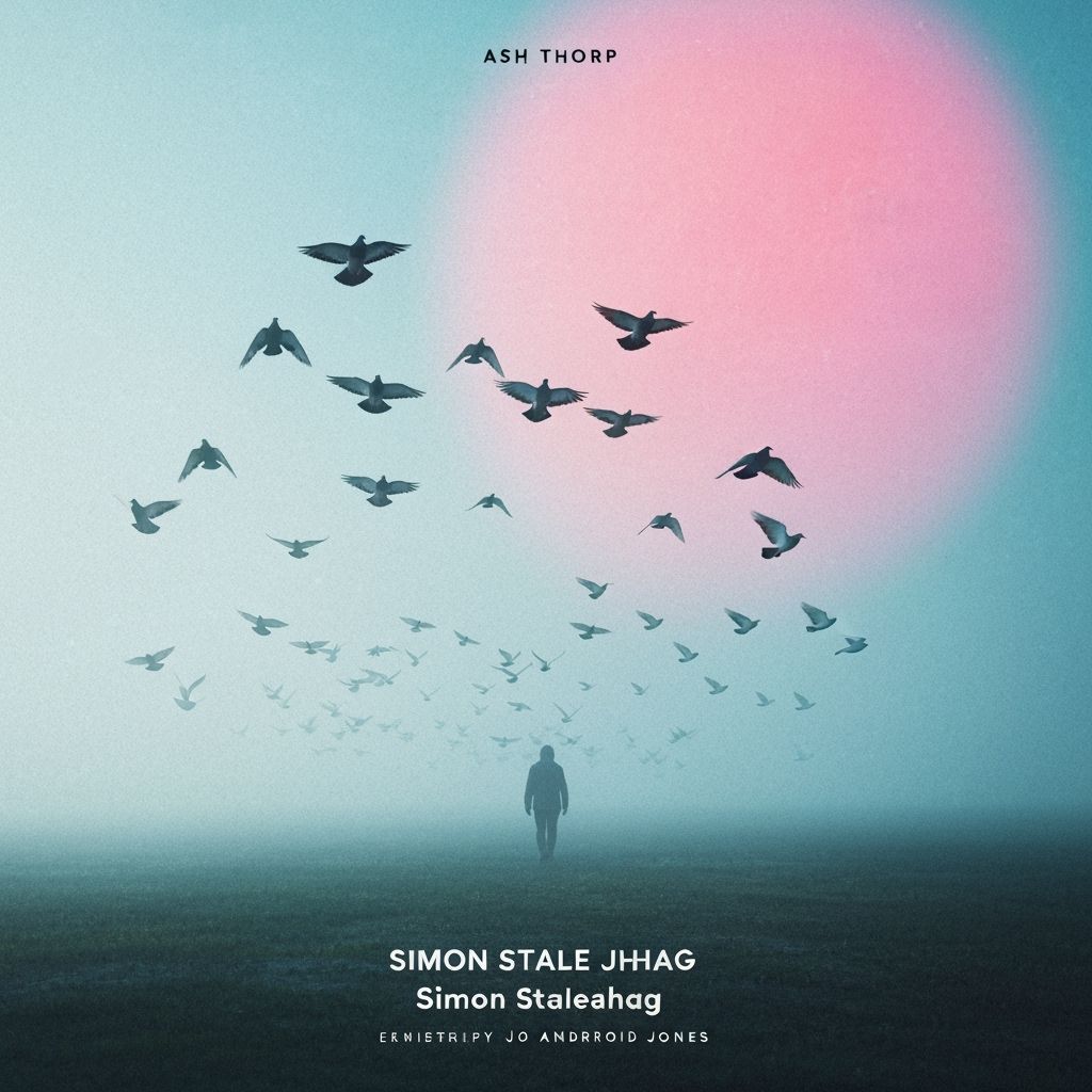 Surreal Landscape: Figure Against Pigeons in Mist