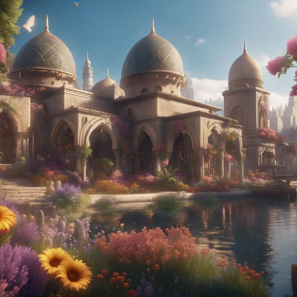 Arabian Town with Monument in Detailed Painting