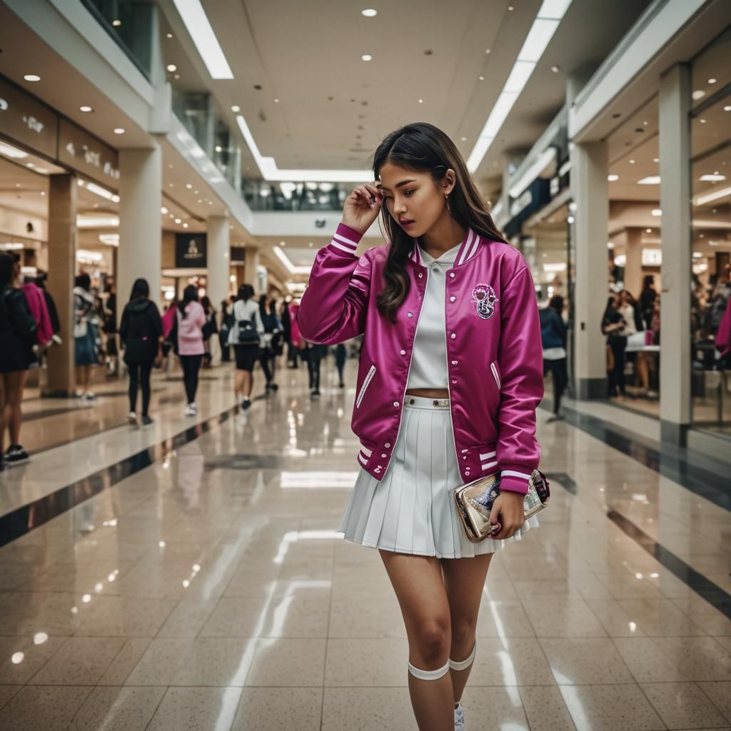 Girl in Mall Fixing Hair, Hyperrealistic Image