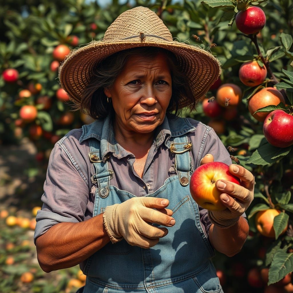 Tattered Migrant Worker Picks Apples in Scorching Sun
