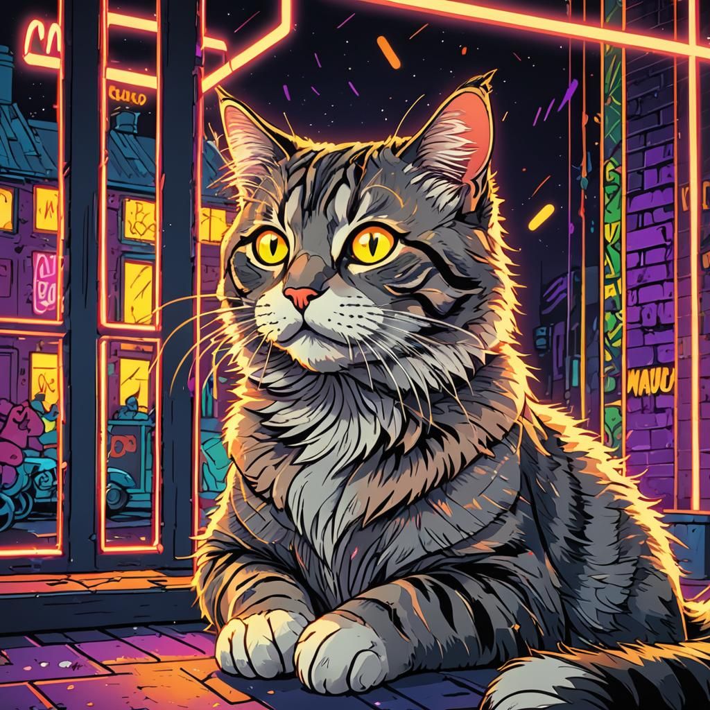 Cartoon Cat Says MIAU: Vibrant Digital Illustration