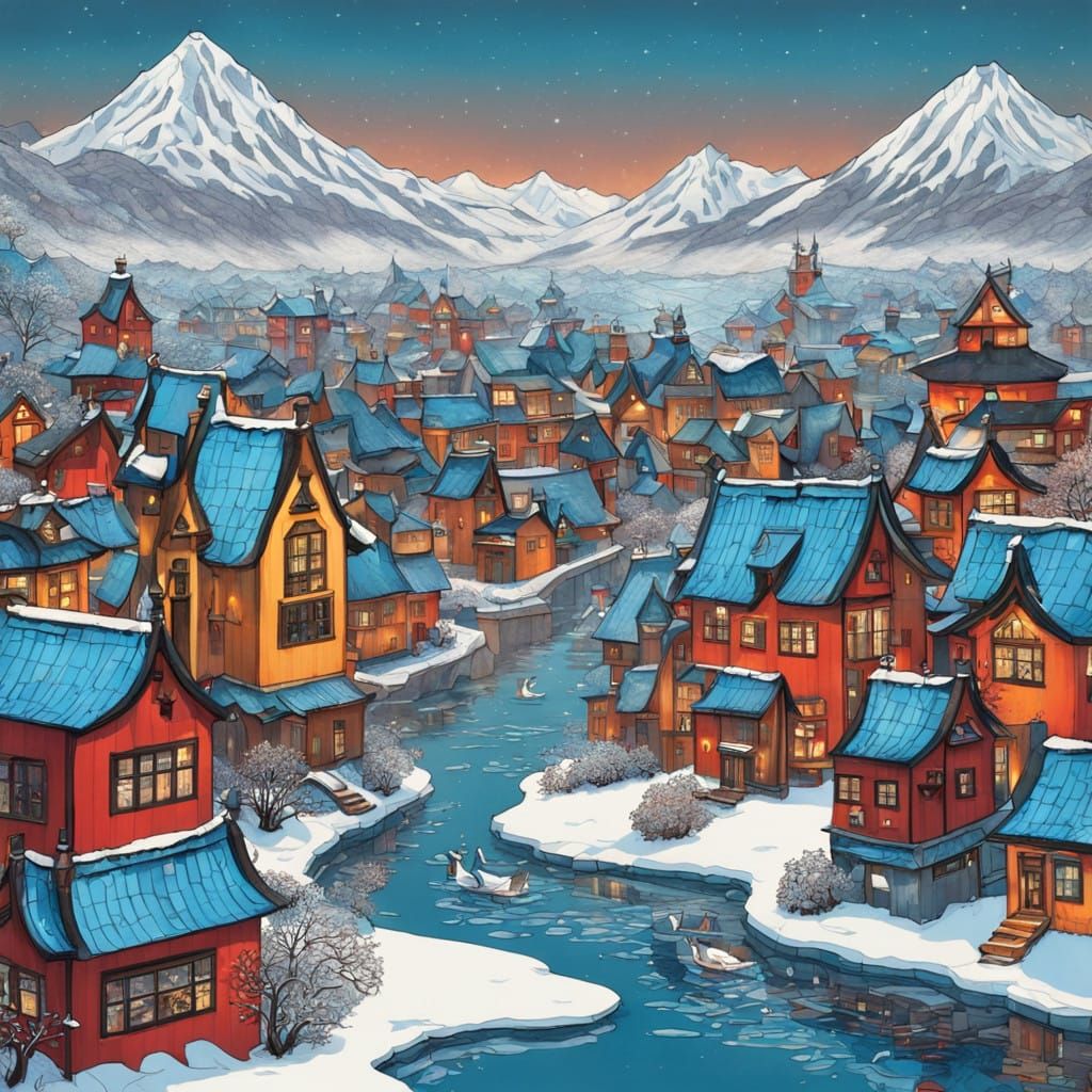 Enchanted Ice Village in Folk Art Style