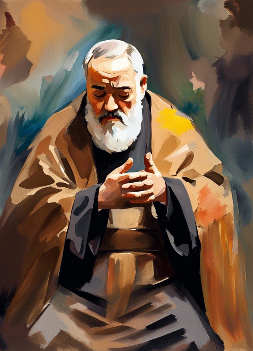 Padre Pio Praying: Gouache Style Masterpiece