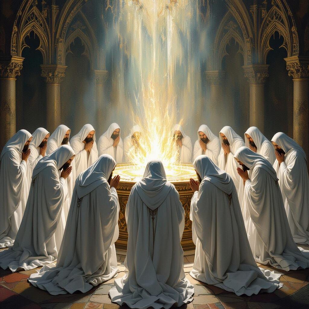 Ethereal Elders Bowing Before Altar in Renaissance Style