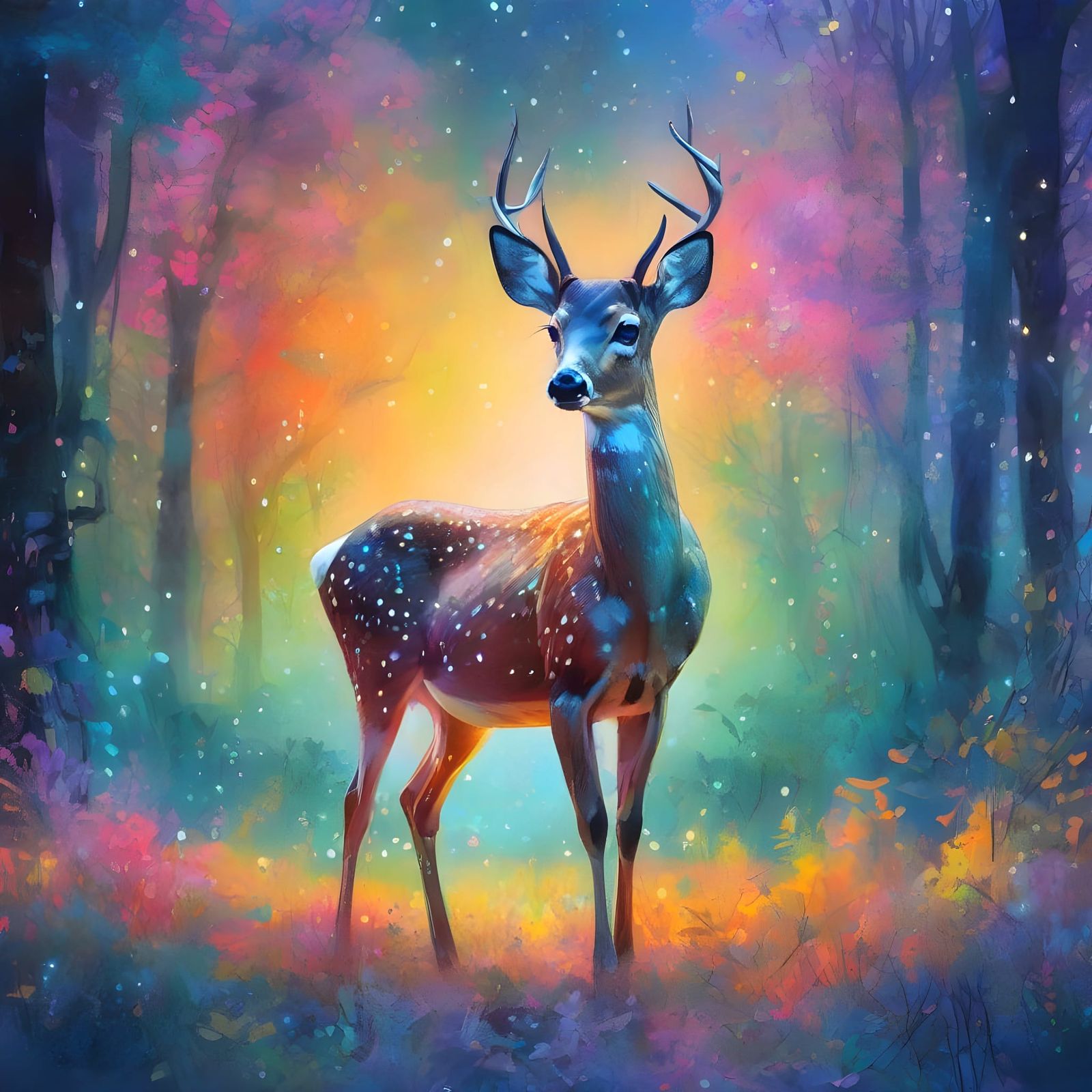 Whimsical Nighttime Forest Scene in Pastel Colors