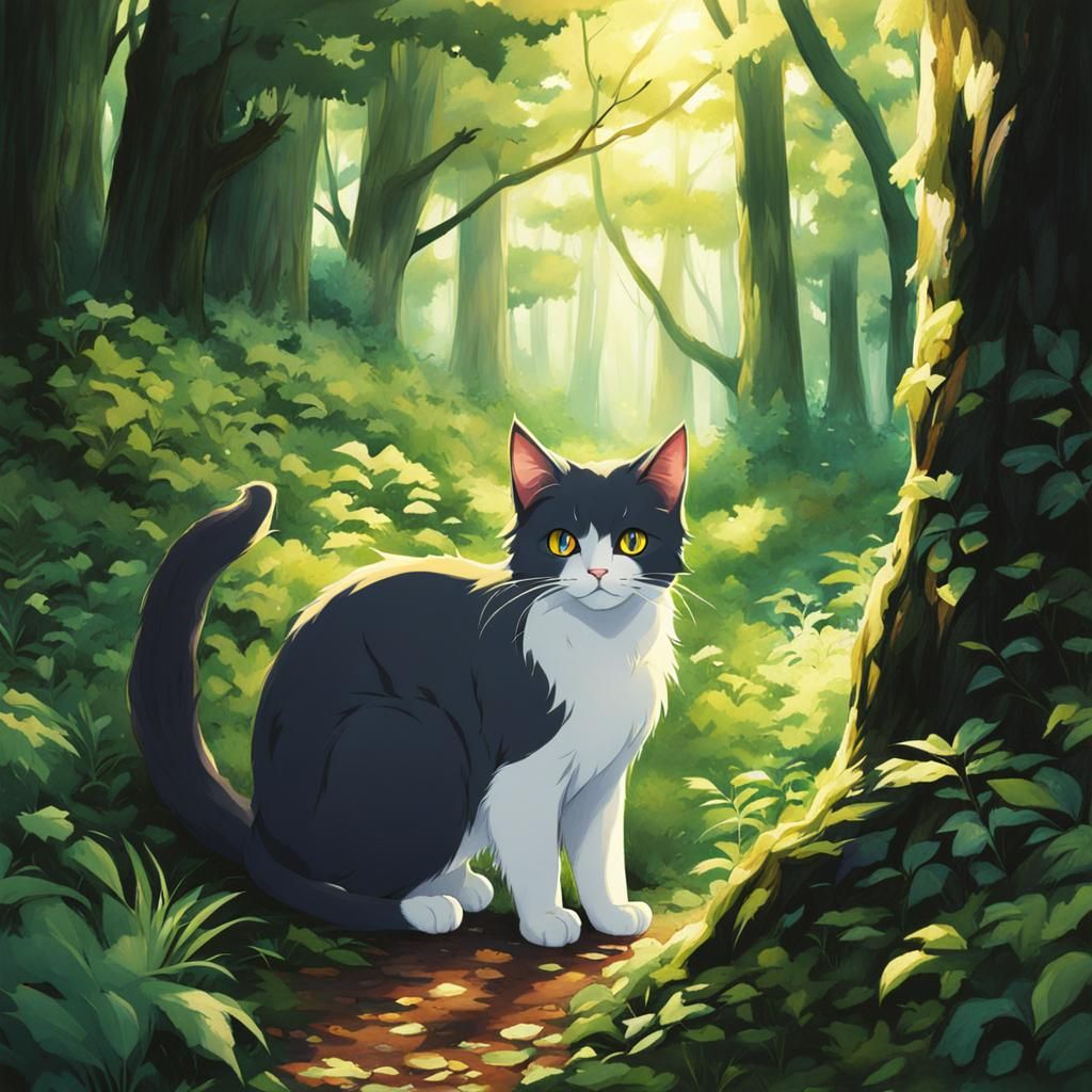 Anime Style Cat in a Woodland Scene