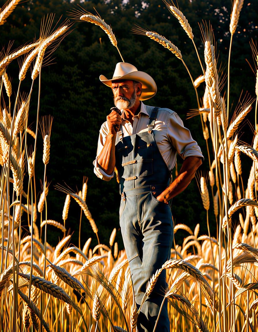 Contemplative Farmer in Sunlit Field, Oil Painting