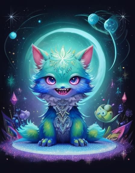 Adorable Glittering Rainbow Alien Monster with Sharp Teeth