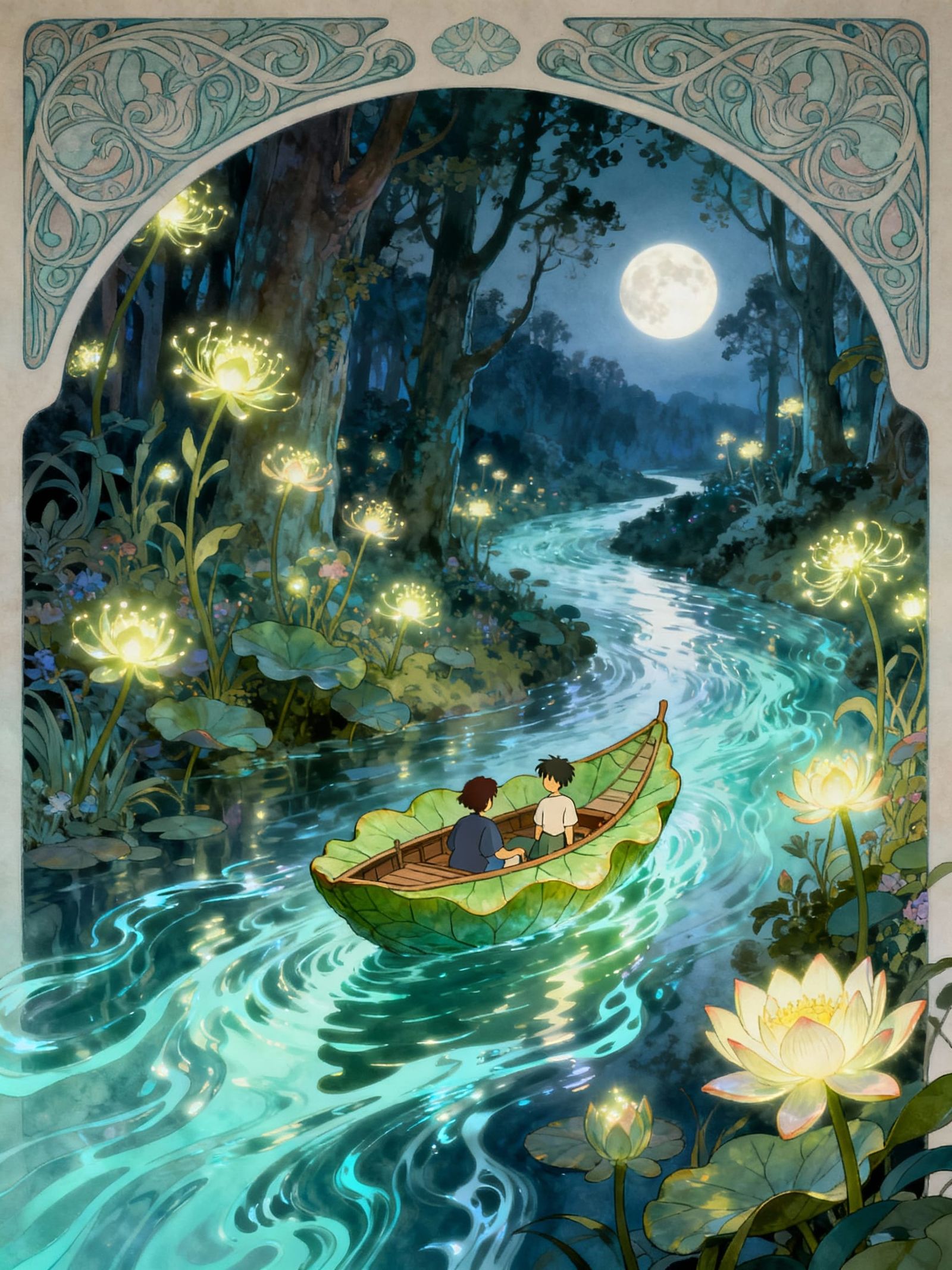Enchanted Lily Pad Boat on Moonlight River