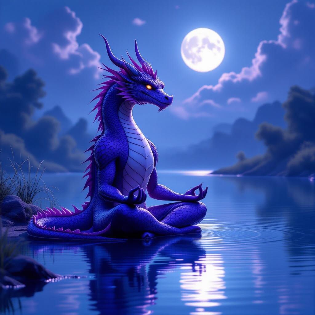 Ancient Purple Dragon Meditating by Moonlit Lake