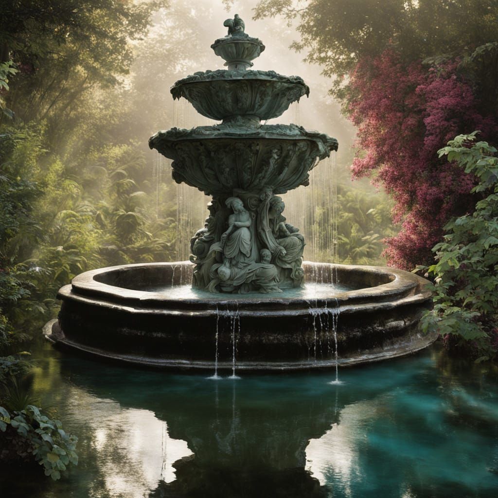Majestic Marble Fountain in a Lush, Dreamlike Environment
