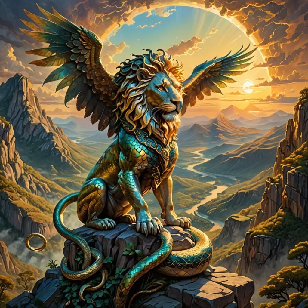 Chimera Overlooking Mystical Valley at Sunset