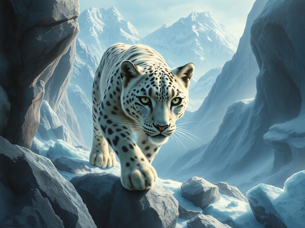 Snow Leopard Goddess in Dreamy Mountain Landscape