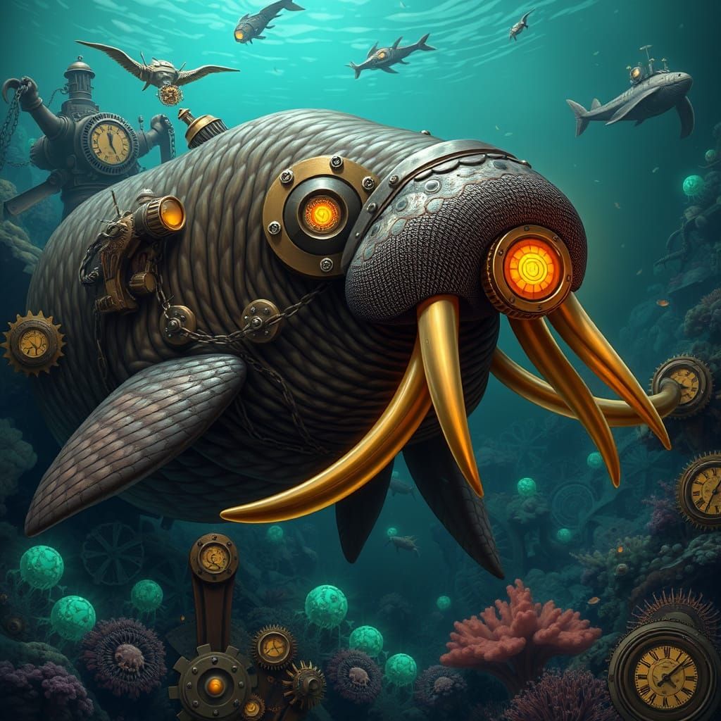 Steampunk Walrus Swimming Through Bioluminescent Coral Reef