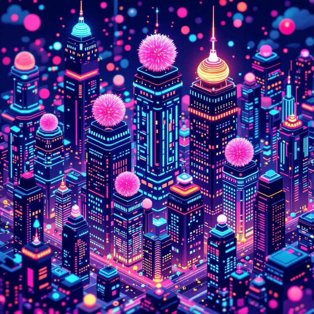 Radiant Futuristic Pom-Pom Cityscape at Night