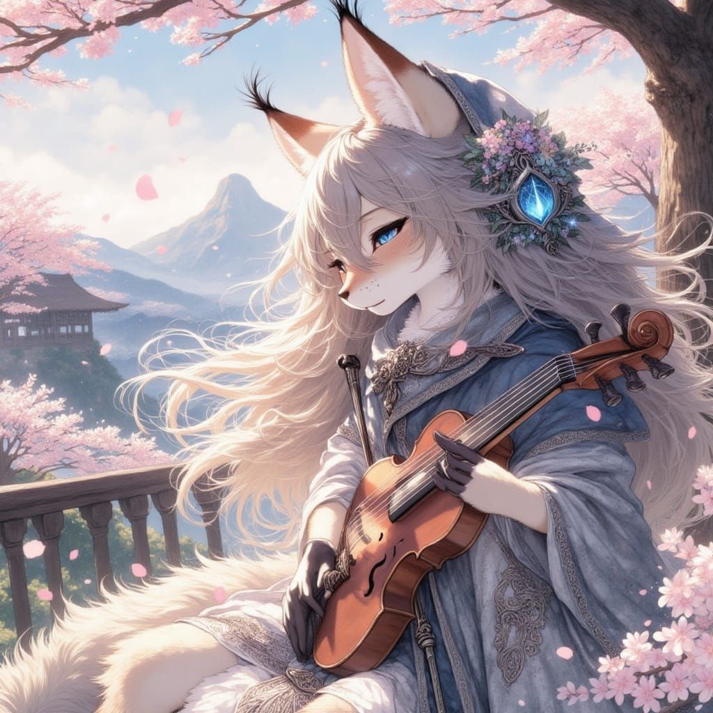 Dreamy Watercolour Fantasy Scene with Furry Lynx and Violin