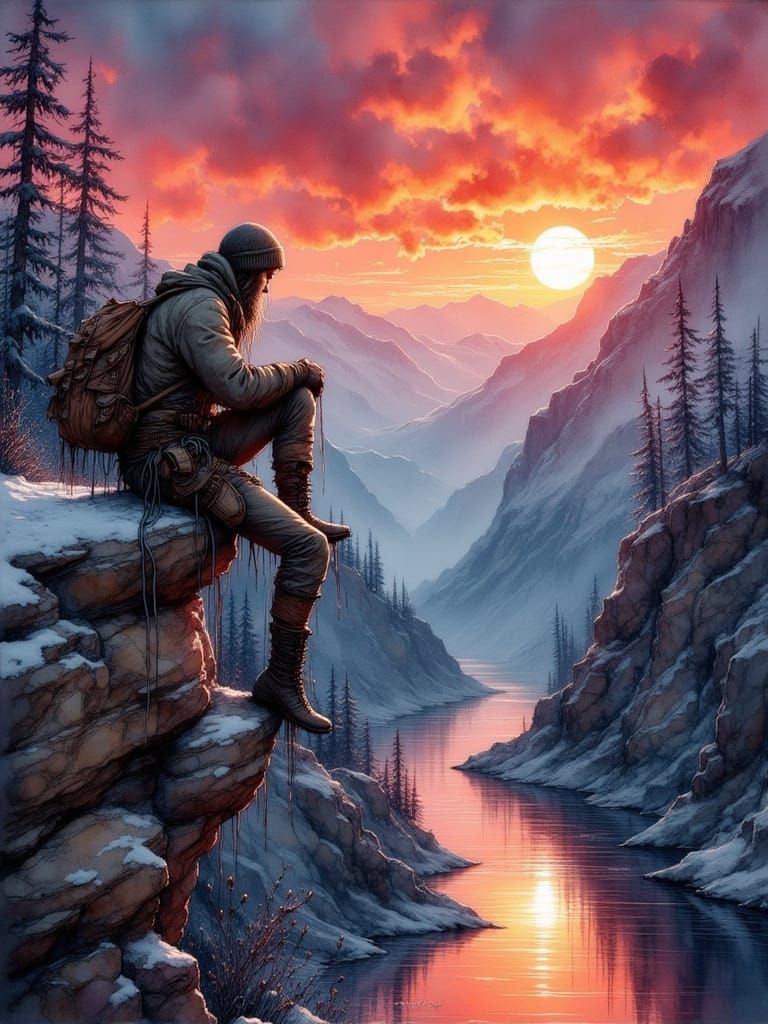 Rugged Rock Climber on Ledge with Stormy Sky