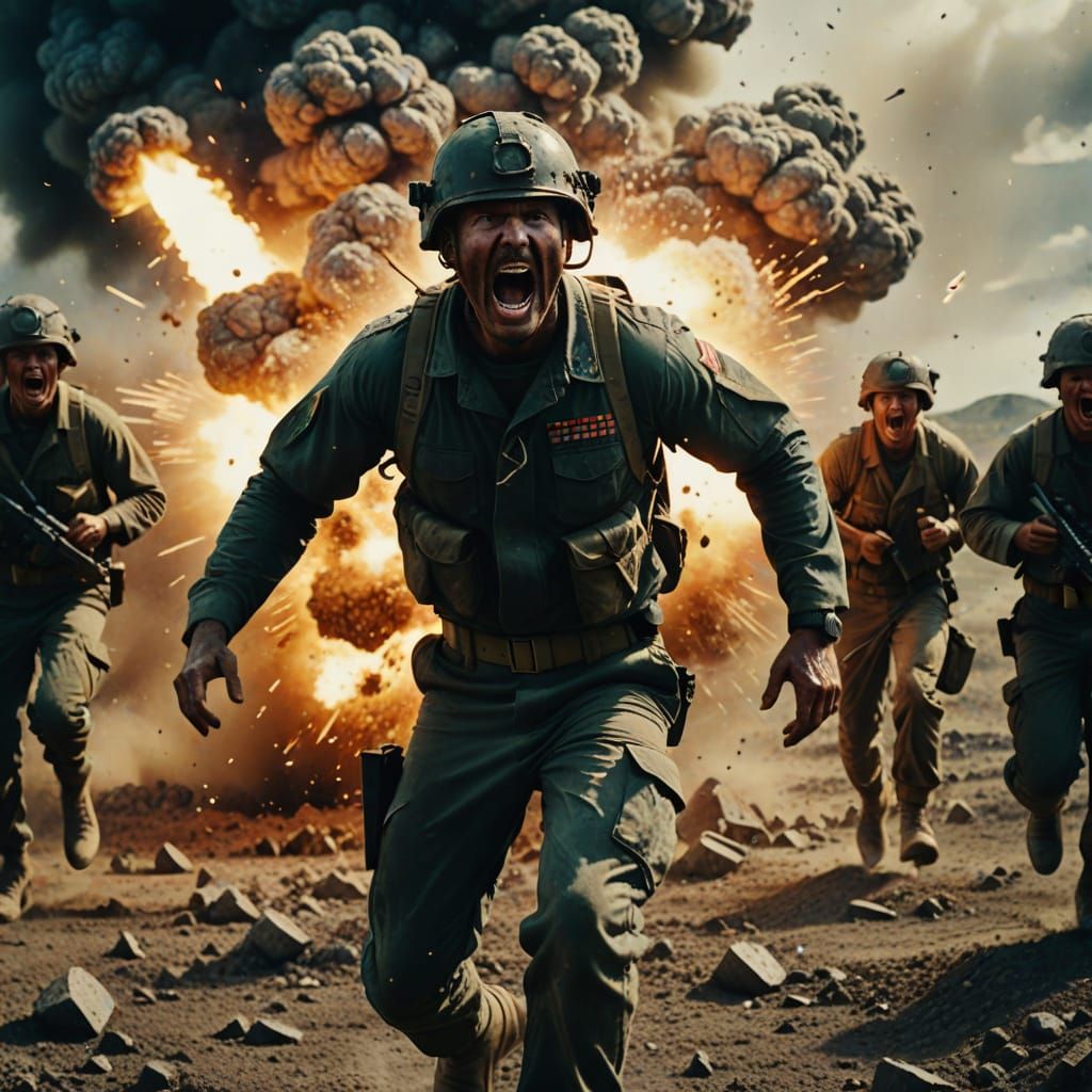 Hyperrealistic Soldier Running Through Exploding Minefield