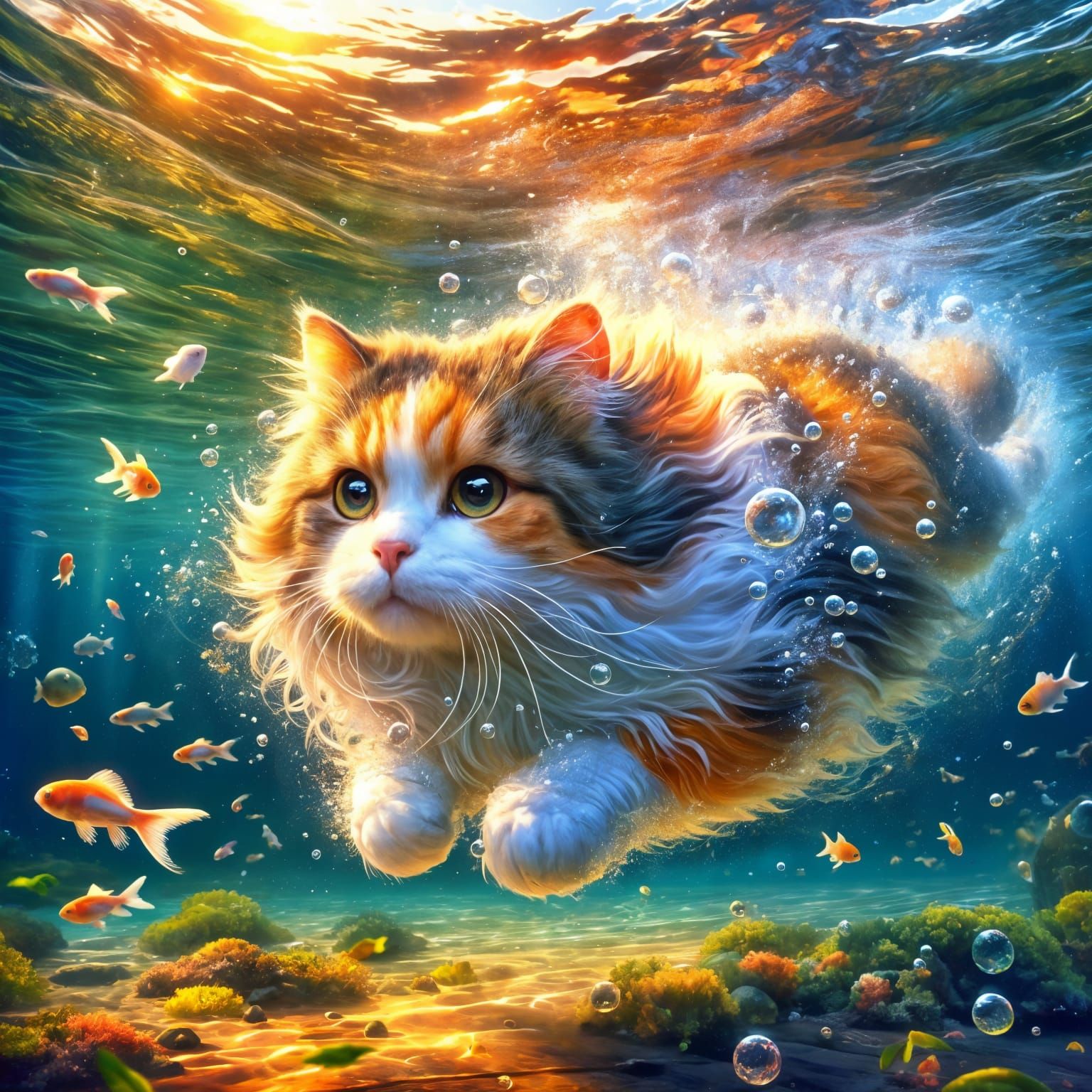 Whimsical Underwater Scene of a Calico Cat