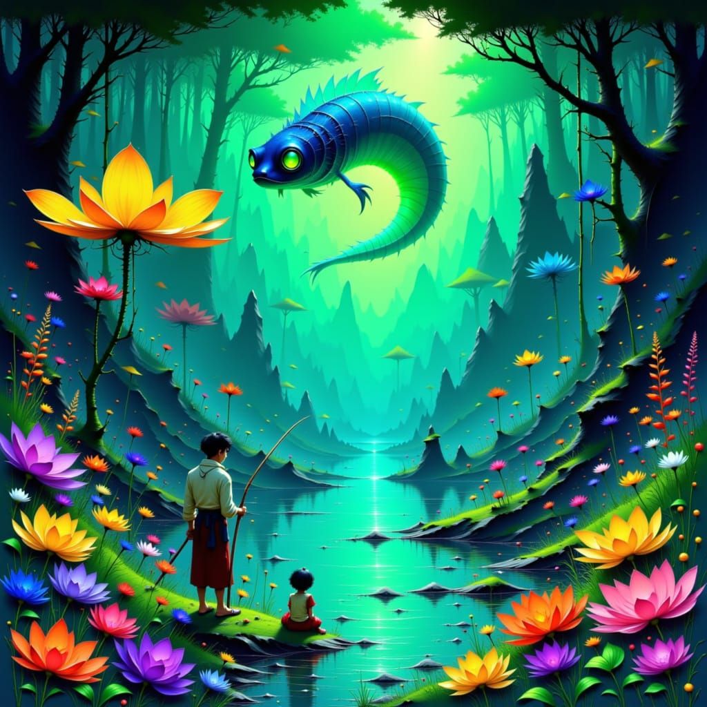 Villagers Fishing with Abaia in a Magical Lake