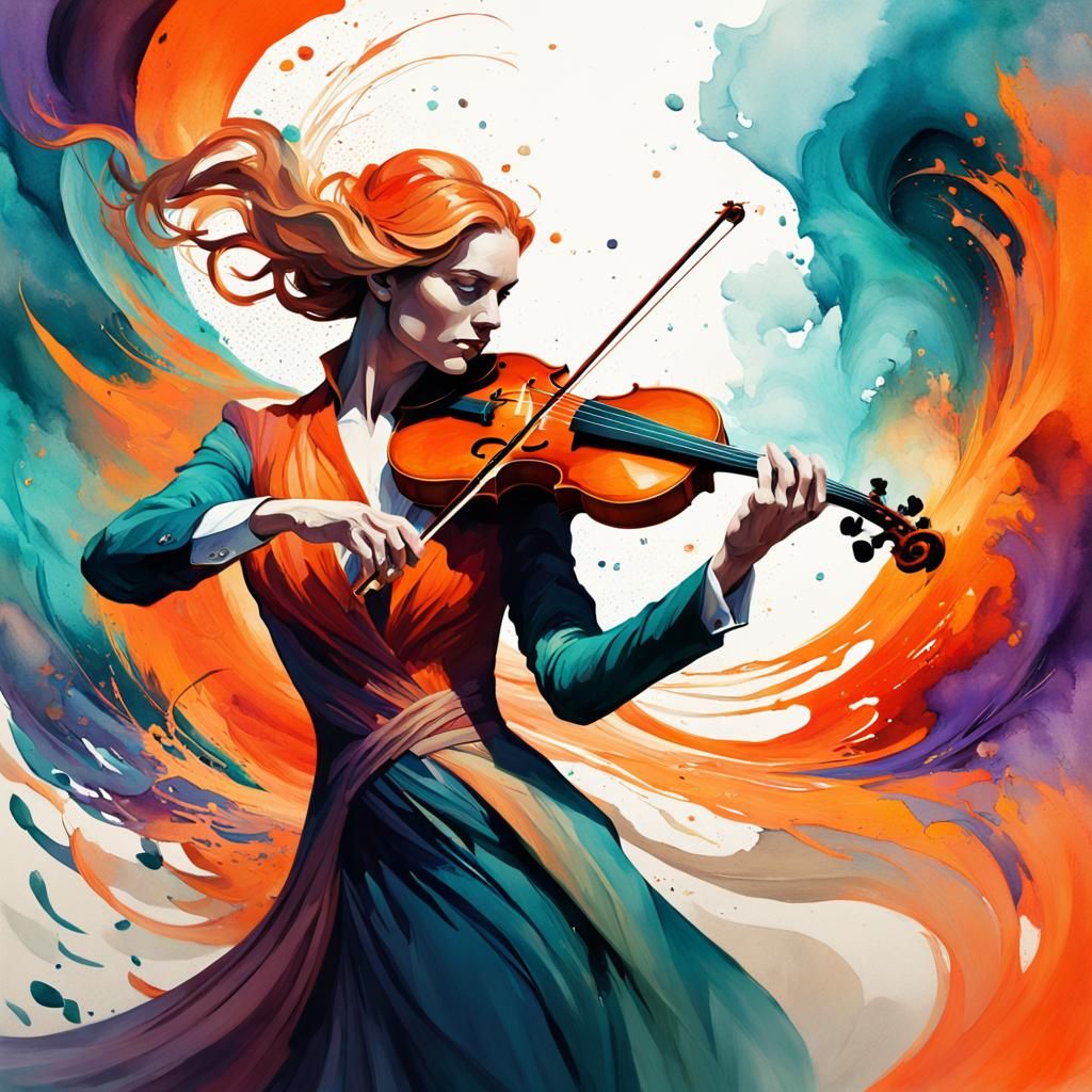 Abstract Hurricane: A Watercolour Violinist in Vivid Colors