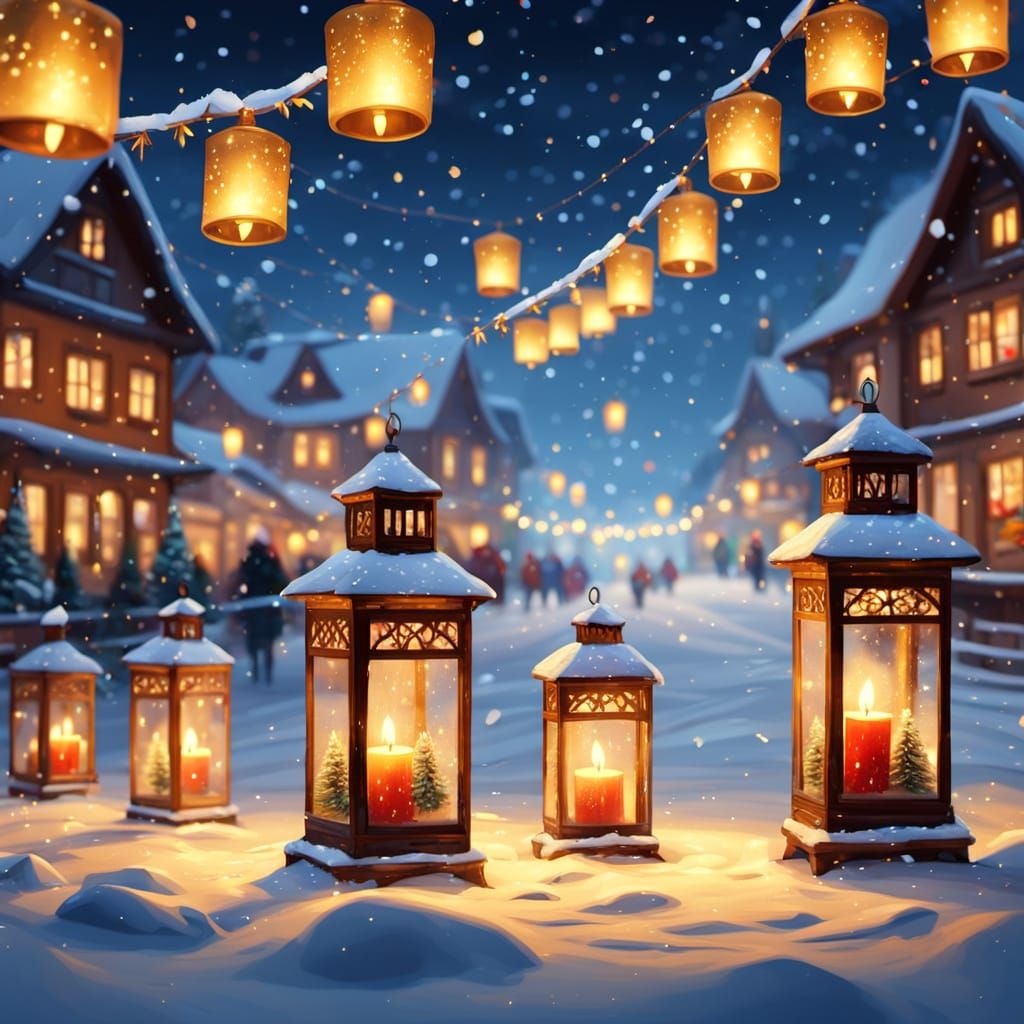 Winter Festival With Twinkling Lanterns and Falling Snowflak...