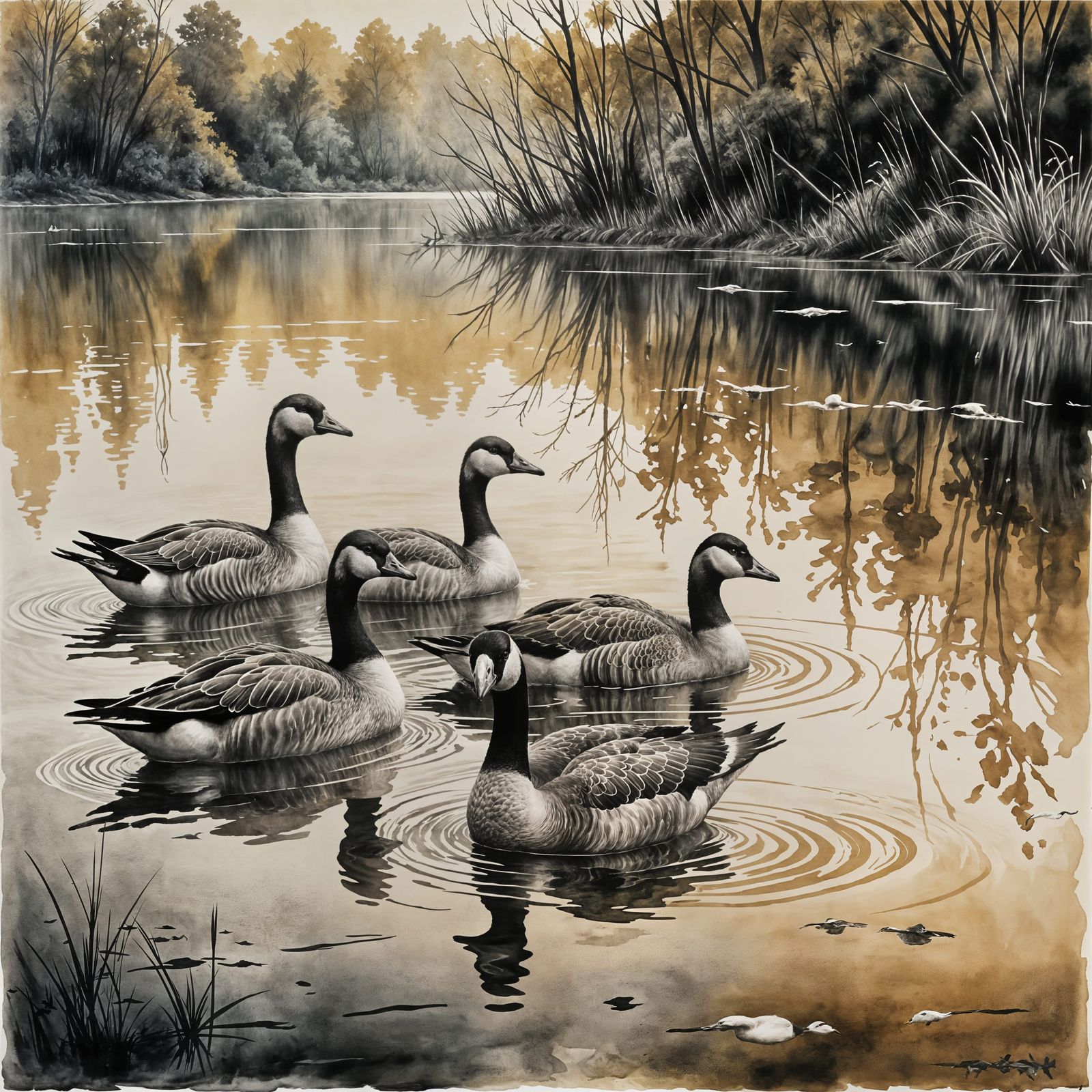 Geese Landing on Water in Soft Watercolor Sepia Tones
