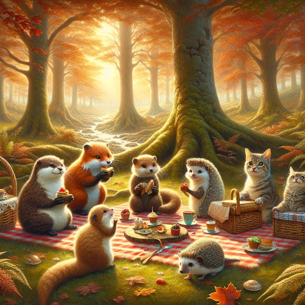 Forest Picnic with Anthropomorphic Animal Friends in Romanti...