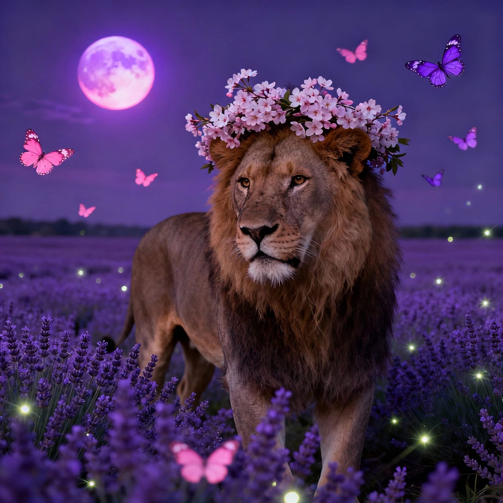 Majestic Lion in Lavender Field Under Cherry-Violet Moon