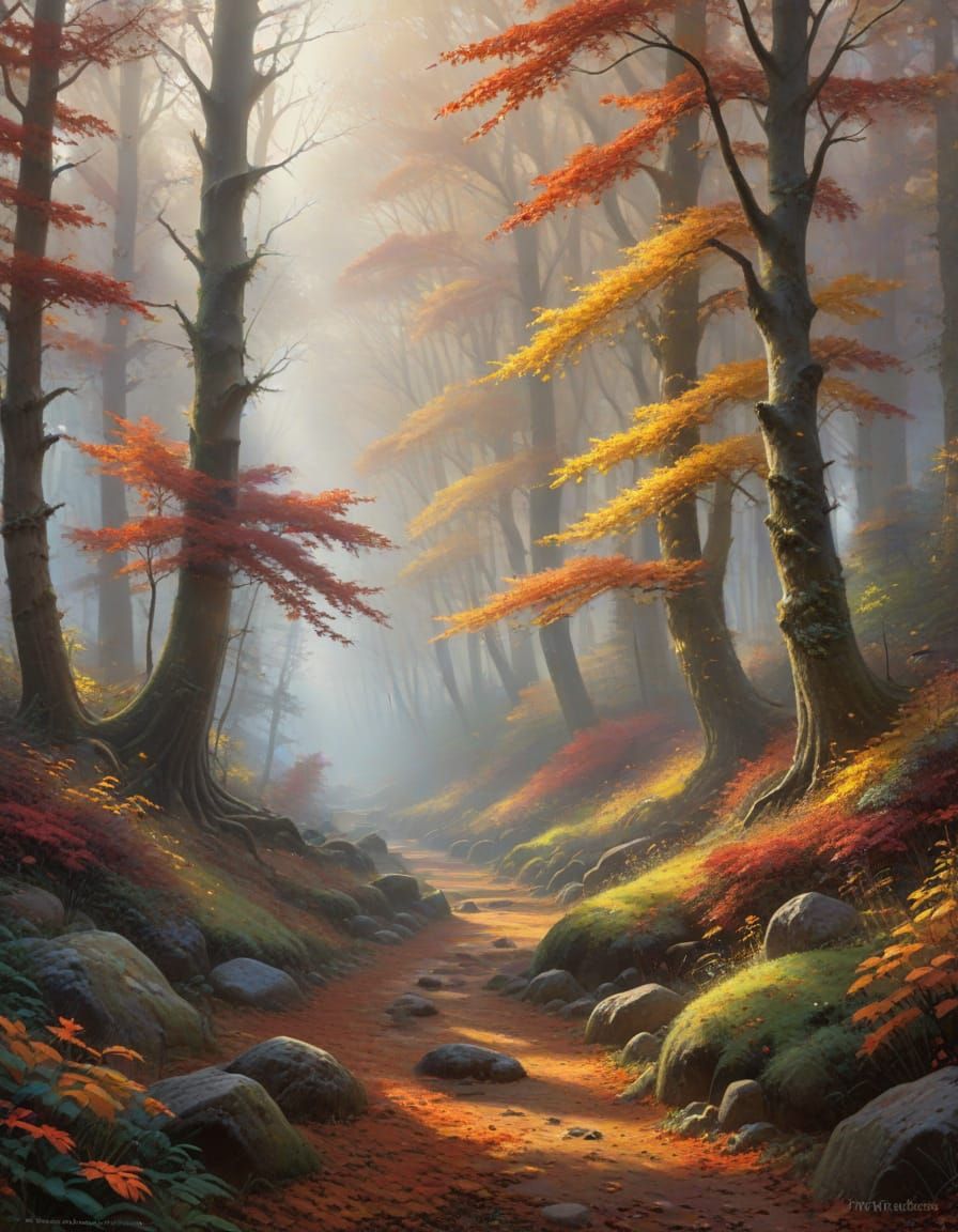 Ethereal Autumn Forest with Misty Leaves