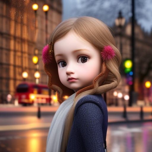 A cute girl on the rainy streets of London in the late afternoon