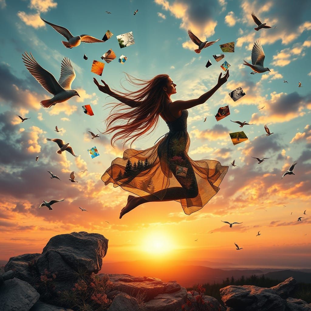 Surreal Bio Art of Woman in Sunset, Shattering Mirrors