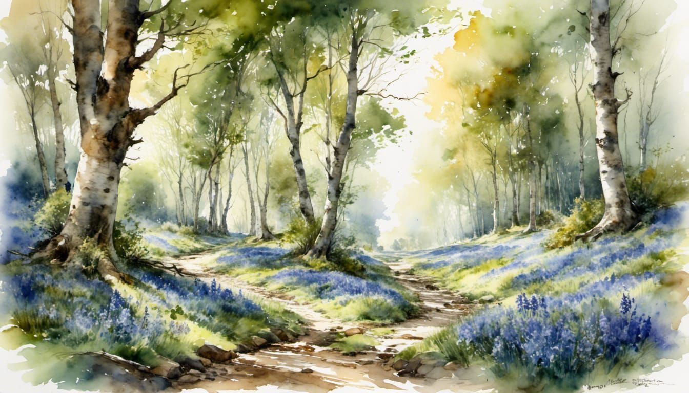 Sunlit Silver Birch Forest in Watercolor Style