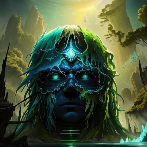 Epic Celestial Battle in Limpid Green and Blue