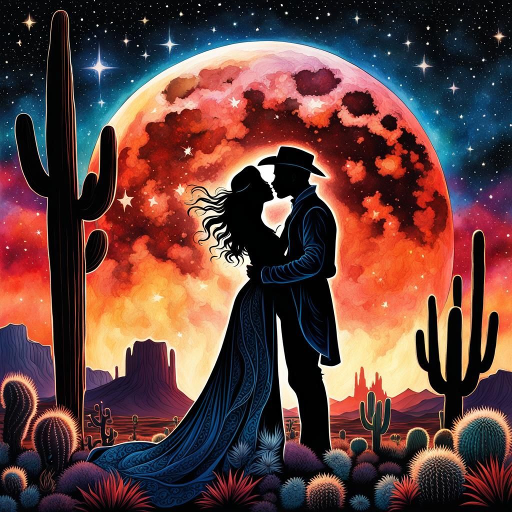 Kissing Couple Silhouette Under Cactus Moon, Watercolor Styl...