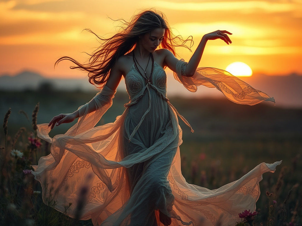 Ethereal Gypsy Dancer in a Sunset Field