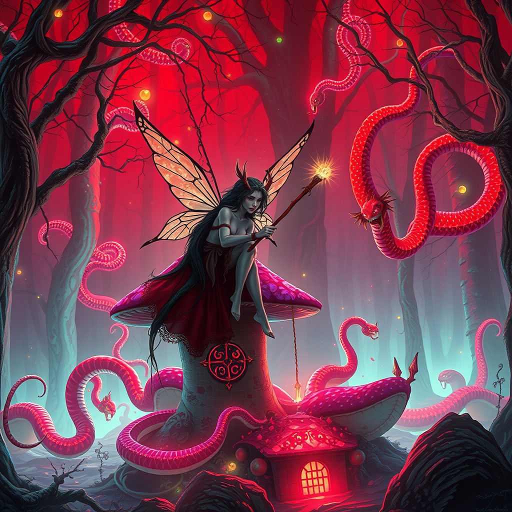 Gothic Fairy Fights Serpents in Bioluminescent Forest