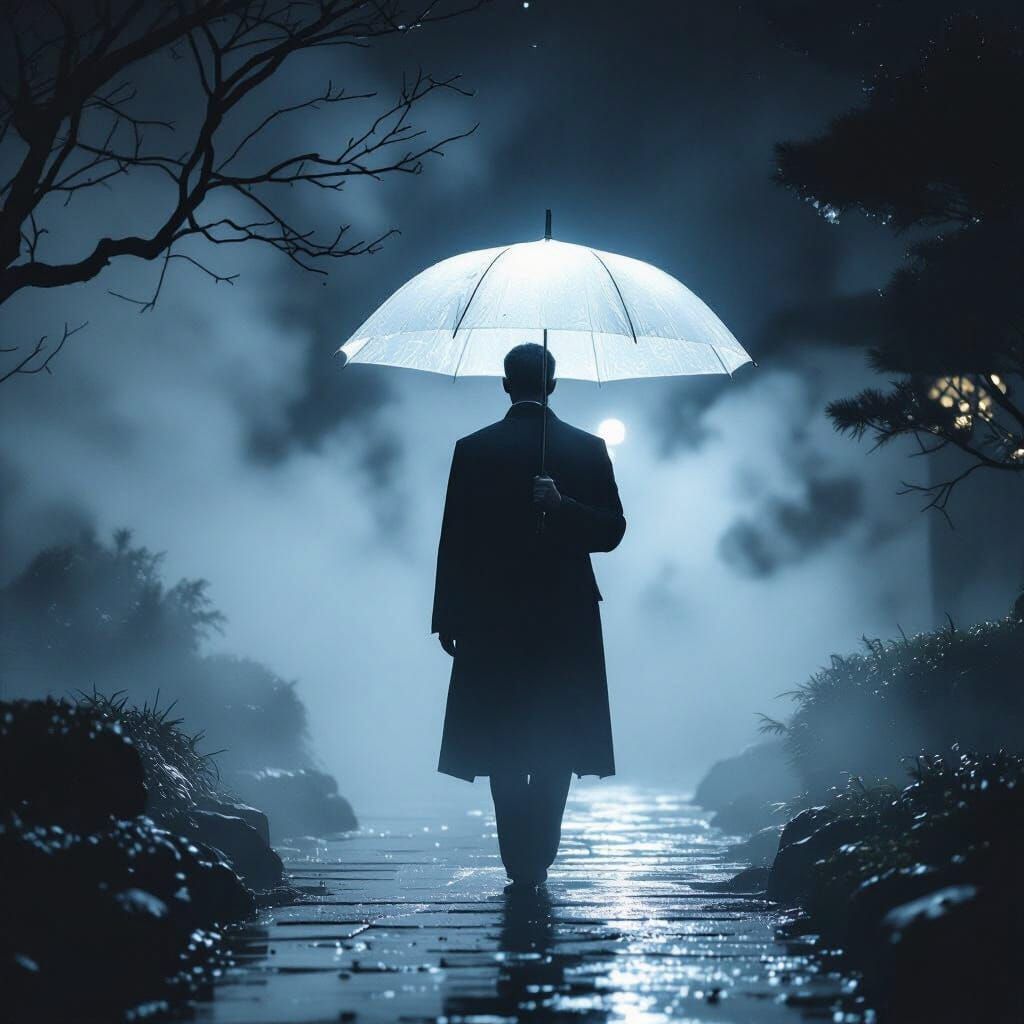 Man Walks Through Misty Garden in Noir Cinematic Style