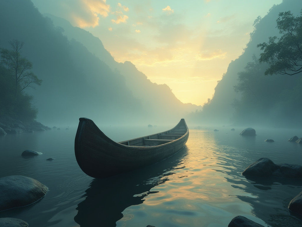 Mystical Canoe on Orinoco River in Matte Painting Style