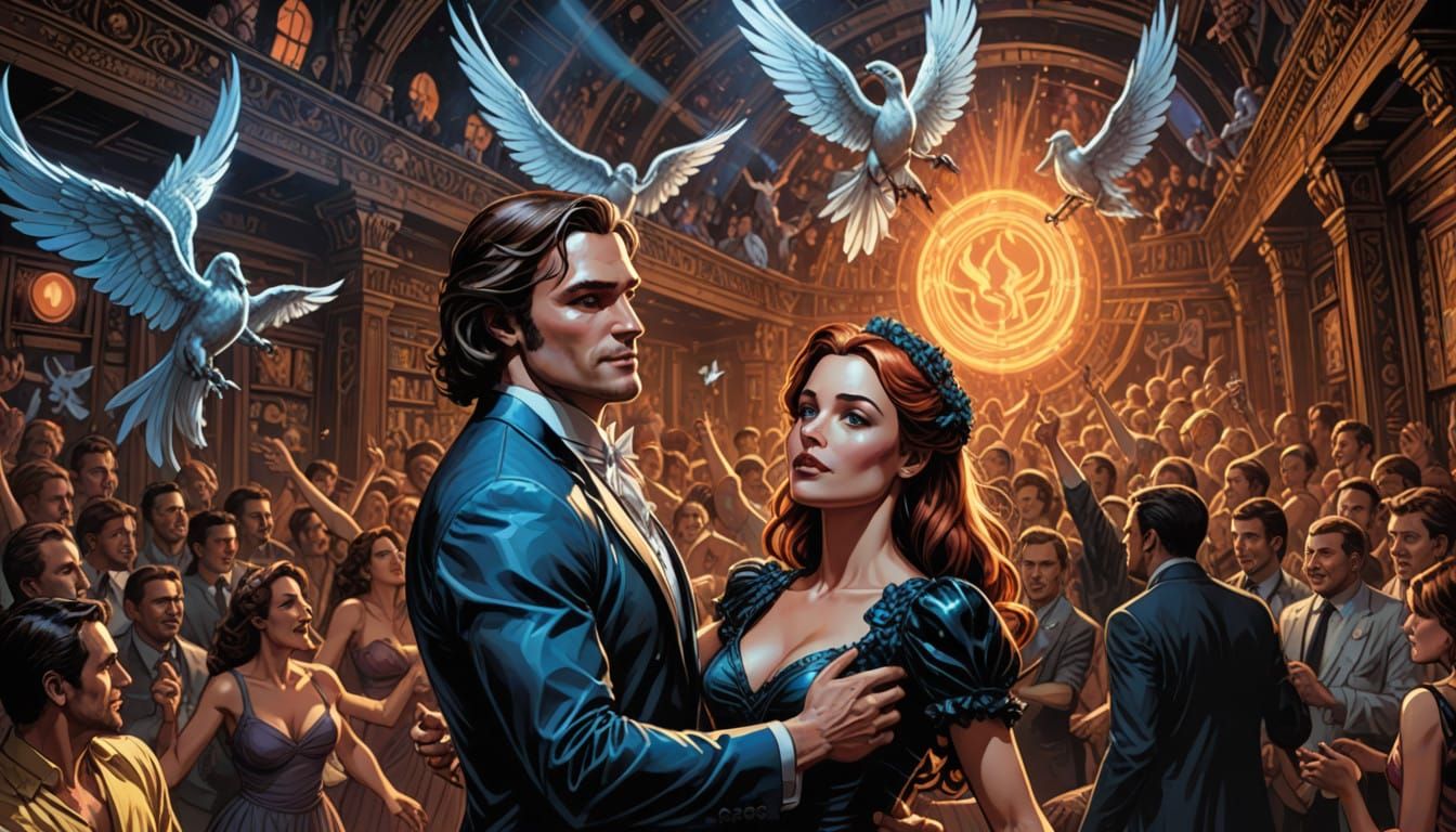 Angelic Figure Dancing with the Devil in a Nightclub Scene