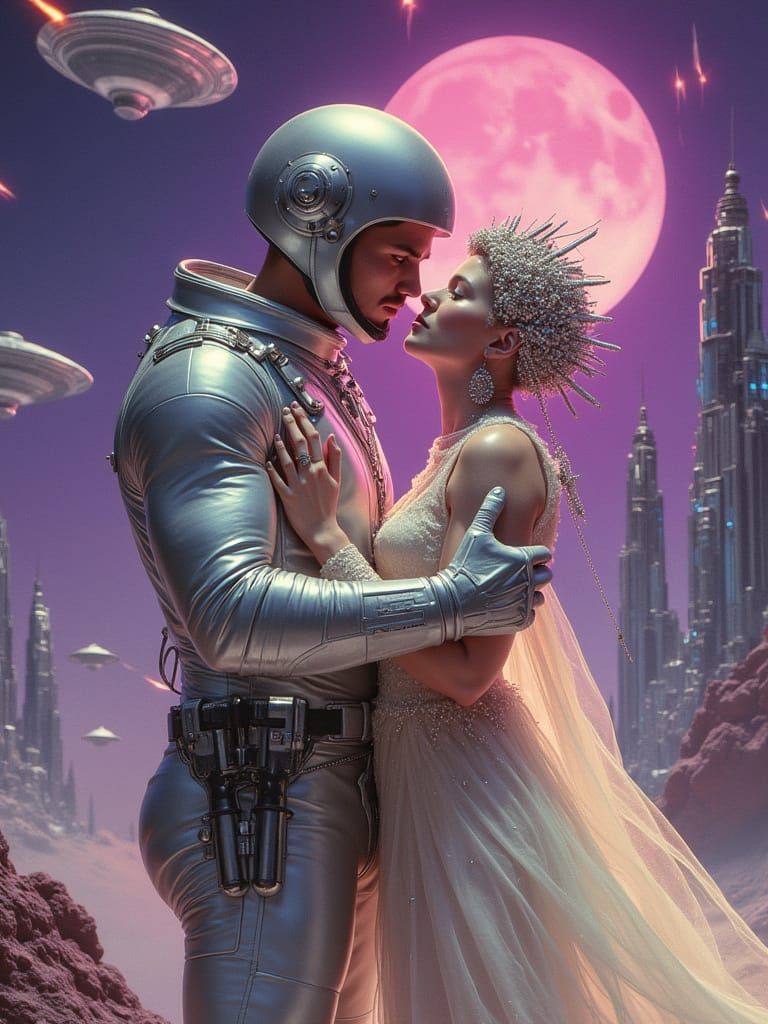 Astronaut and Alien Princess in Atompunk Romance Style
