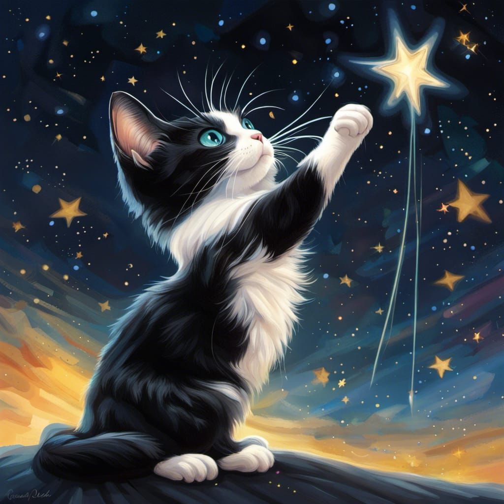 Hyperrealistic Tuxedo Cat Reaching for a Shooting Star
