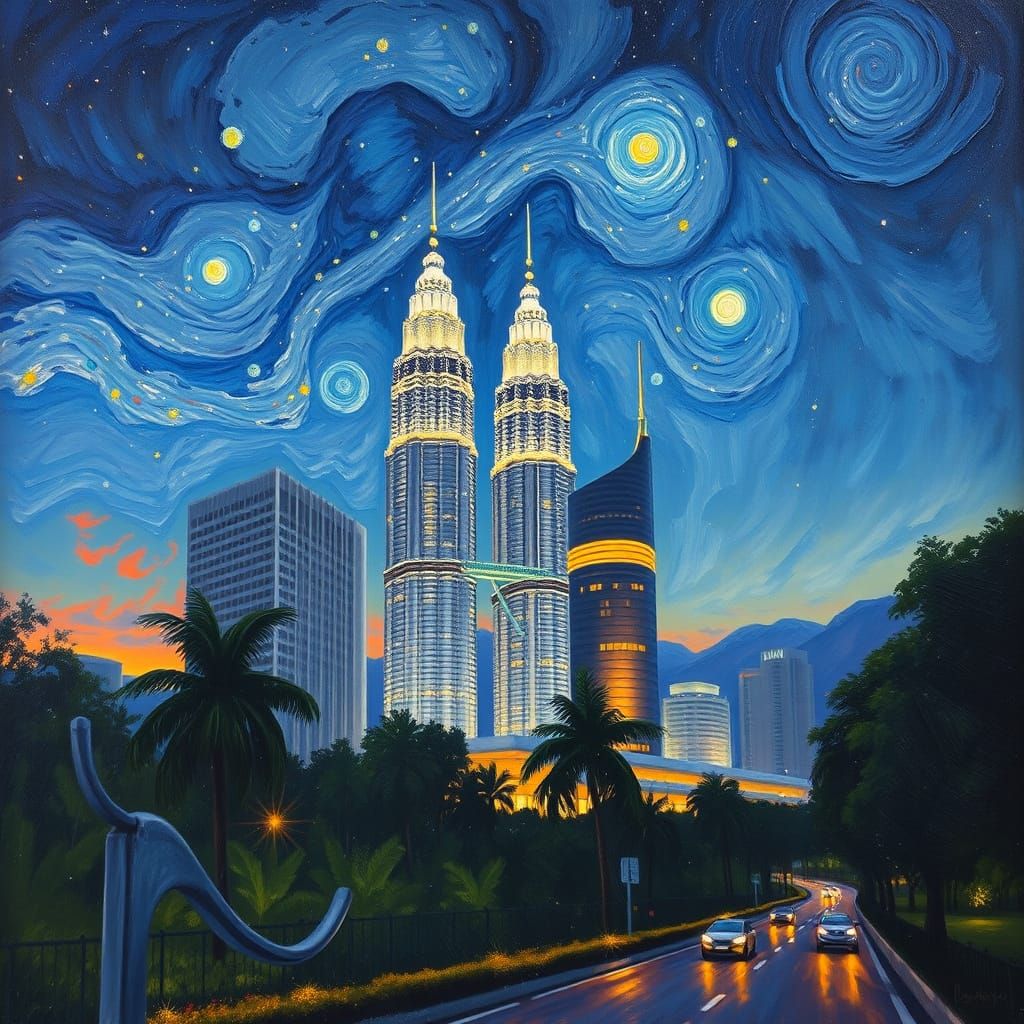 KLCC Twin Towers at Night in Van Gogh Style