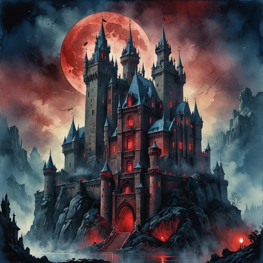 Gothic Castle Under Blood Moon, Digital Watercolor