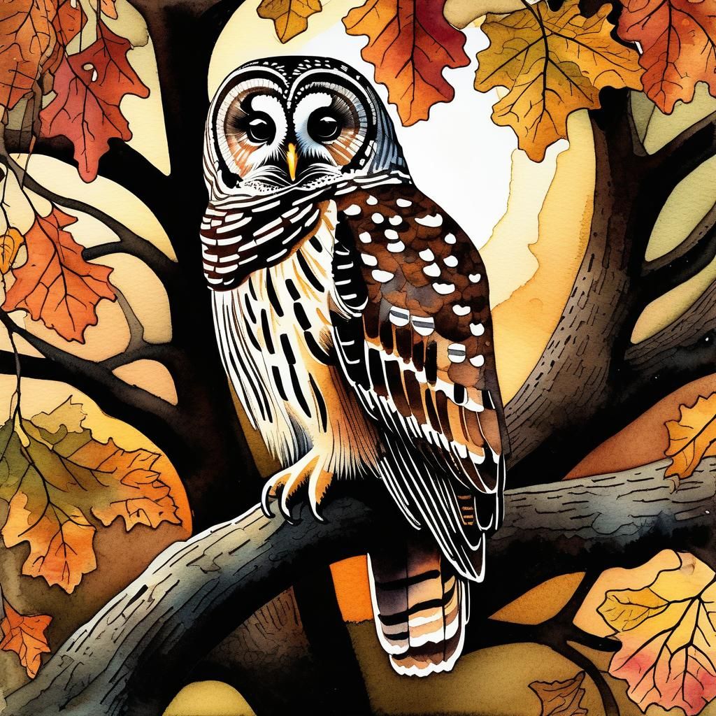 Barred Owl in Autumn Oak Tree: Watercolor Illustration